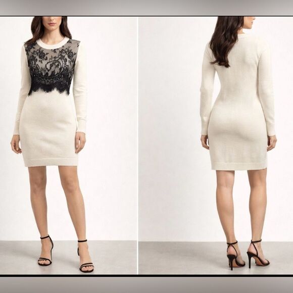 Alexander McQueen Dresses & Skirts - Alexander McQueen Chic White sweater Dress with Black Lace Overlay, S